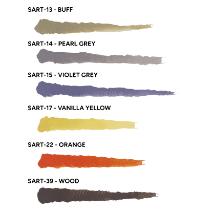 Six labeled paint brushstrokes: Buff, Pearl Grey, Violet Grey, Vanilla Yellow, Orange, Wood.