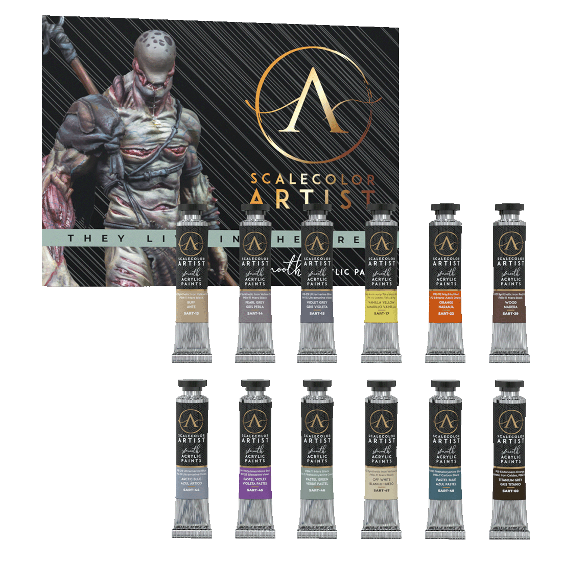 A set of twelve ScaleColor Artist acrylic paint tubes, with a detailed painted monster figure on the product box.
