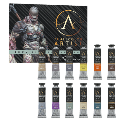 A set of twelve ScaleColor Artist acrylic paint tubes, with a detailed painted monster figure on the product box.
