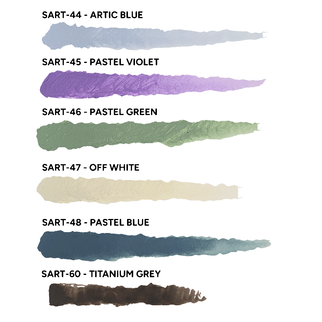 Six labeled paint swatches: Artic Blue, Pastel Violet, Pastel Green, Off White, Pastel Blue, and Titanium Grey.