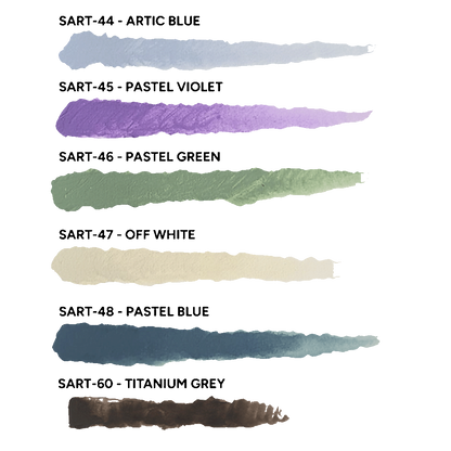 Six labeled paint swatches: Artic Blue, Pastel Violet, Pastel Green, Off White, Pastel Blue, and Titanium Grey.