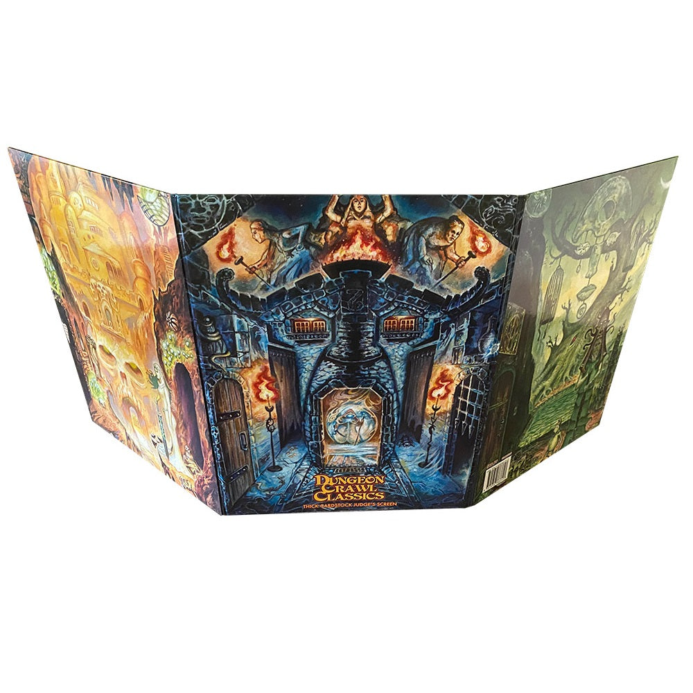 A folded Dungeon Crawl Classics RPG Thick Cardstock Judges Screen displaying vibrant fantasy artwork of a castle, golden city, and dark tree landscape