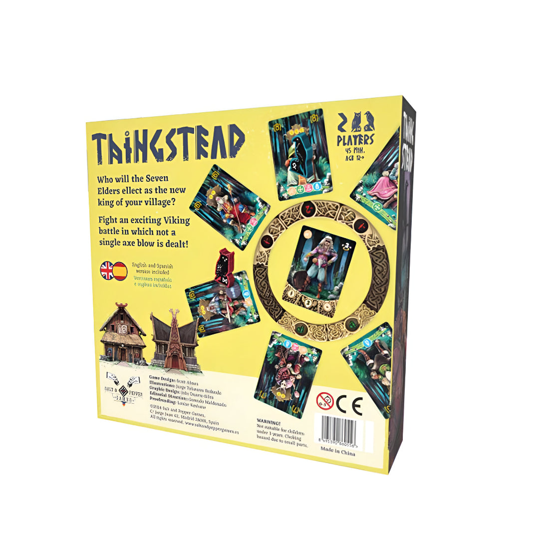 Back of "Thingstead" board game box showing Viking character cards, village art, and game summary