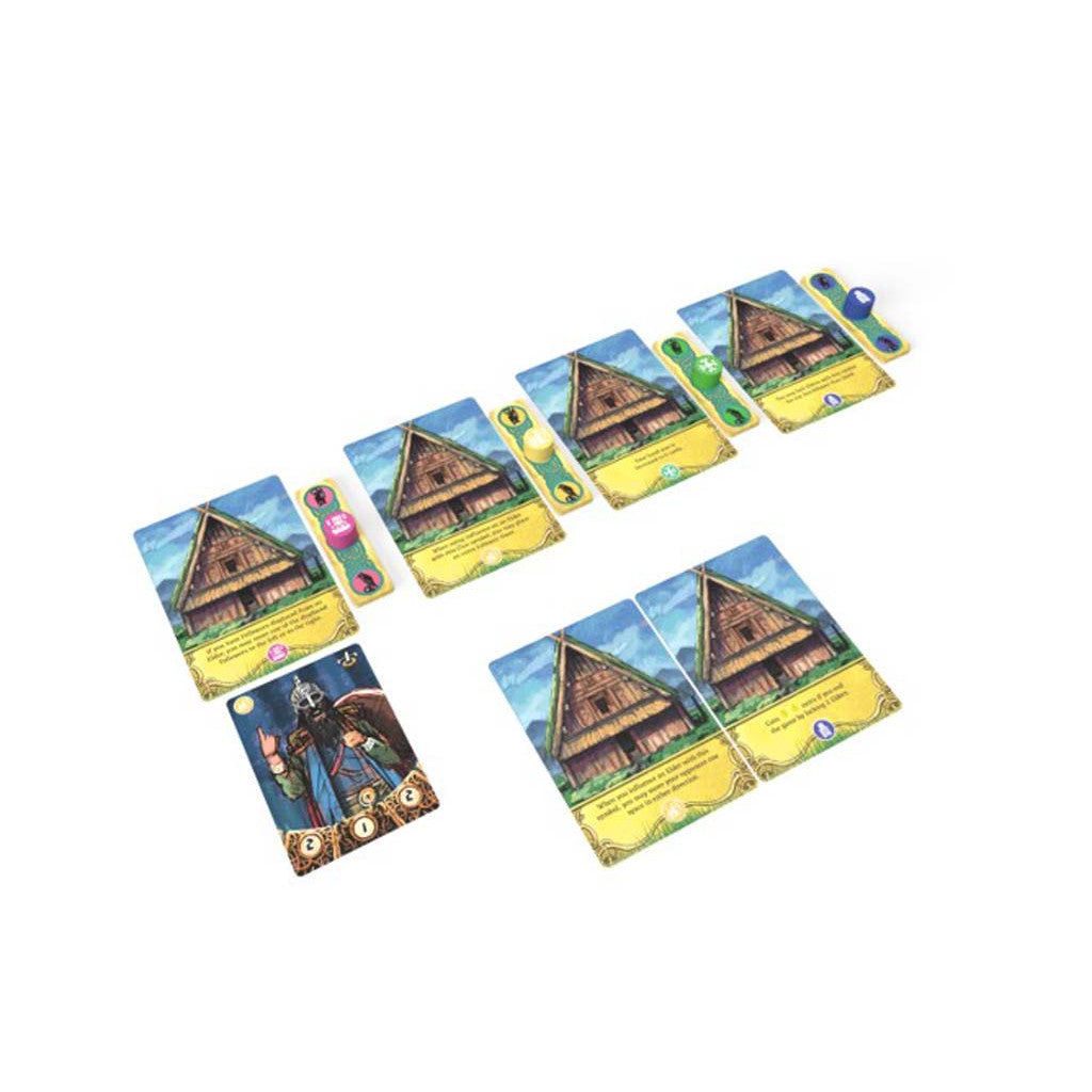 Thingstead board game cards showing Viking houses and a warrior character, with colored tokens, against a white background