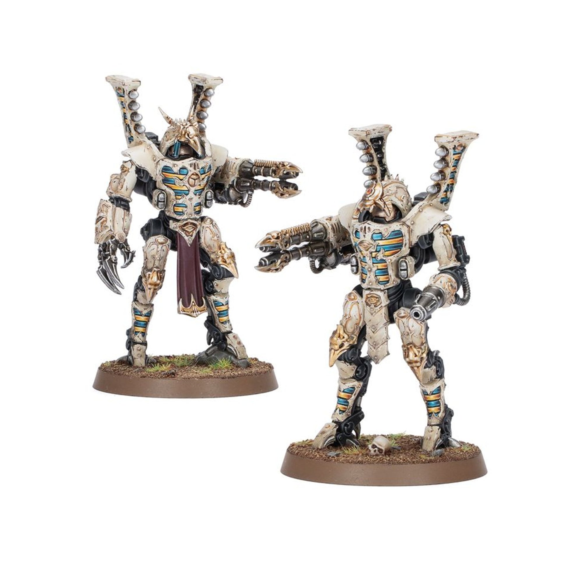 Pair of painted sci-fi miniatures: bone-white, heavily armored combat mechs on bases