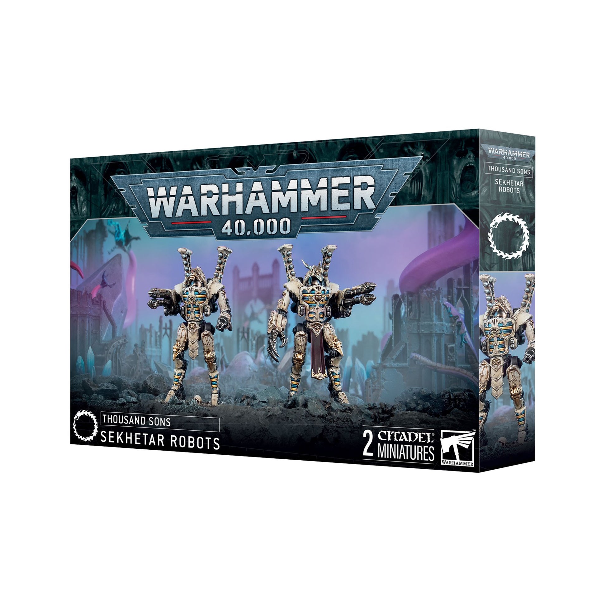 Warhammer 40K Thousand Sons Sekhetar Robots kit box, showing two armed, bone-colored robotic miniatures