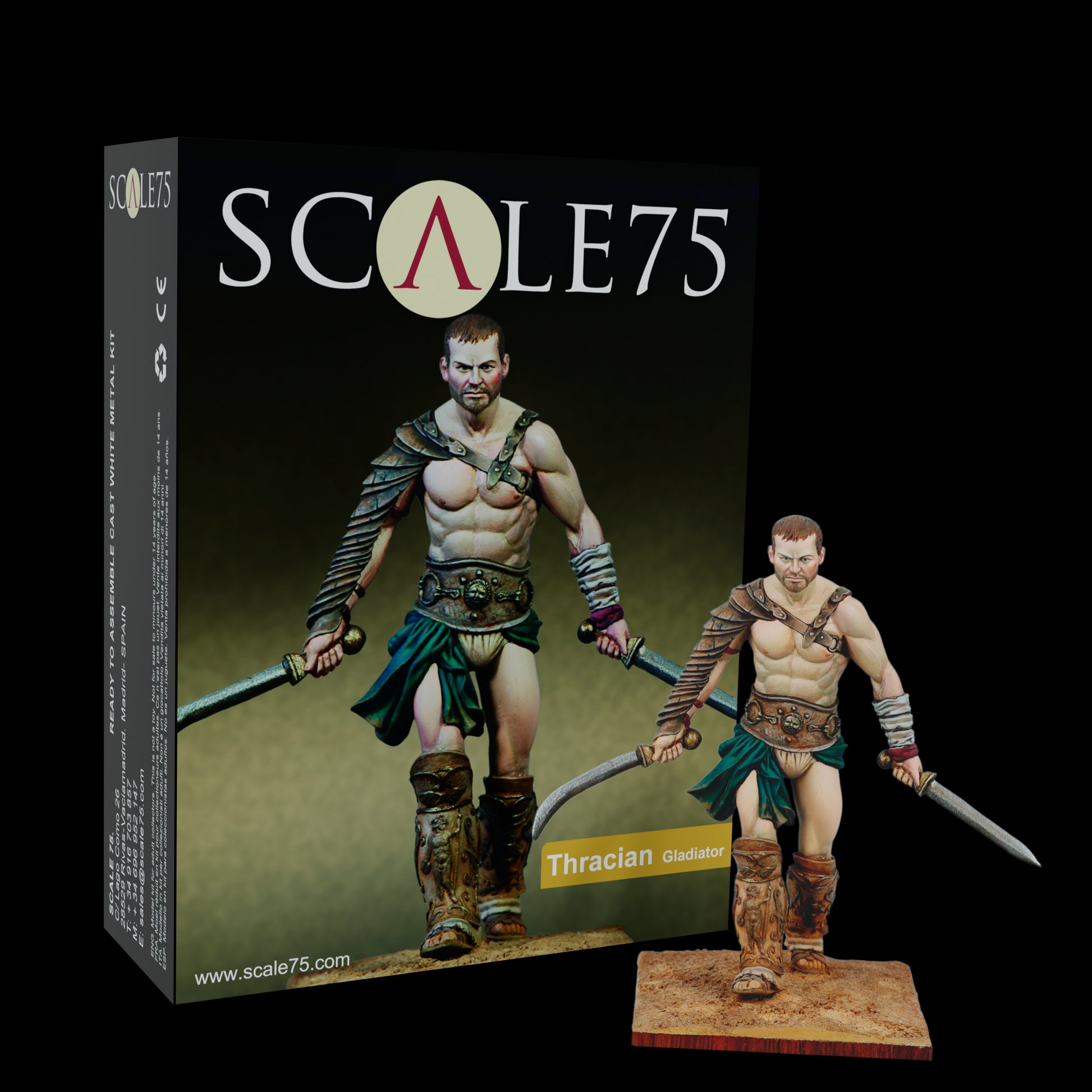 Painted Thracian Gladiator miniature figure with two swords, standing next to its Scale75 model kit box.