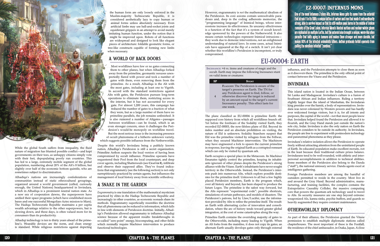 A white-robed woman holds an Ankh-like key before a glowing red entity in a lush, futuristic city