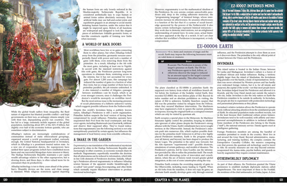 A white-robed woman holds an Ankh-like key before a glowing red entity in a lush, futuristic city