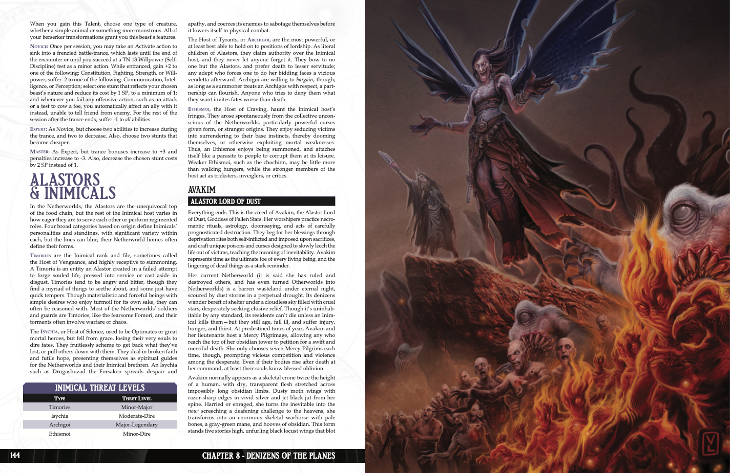 A winged goddess with outstretched hands presides over a fiery hellscape of tormented souls and grotesque creatures