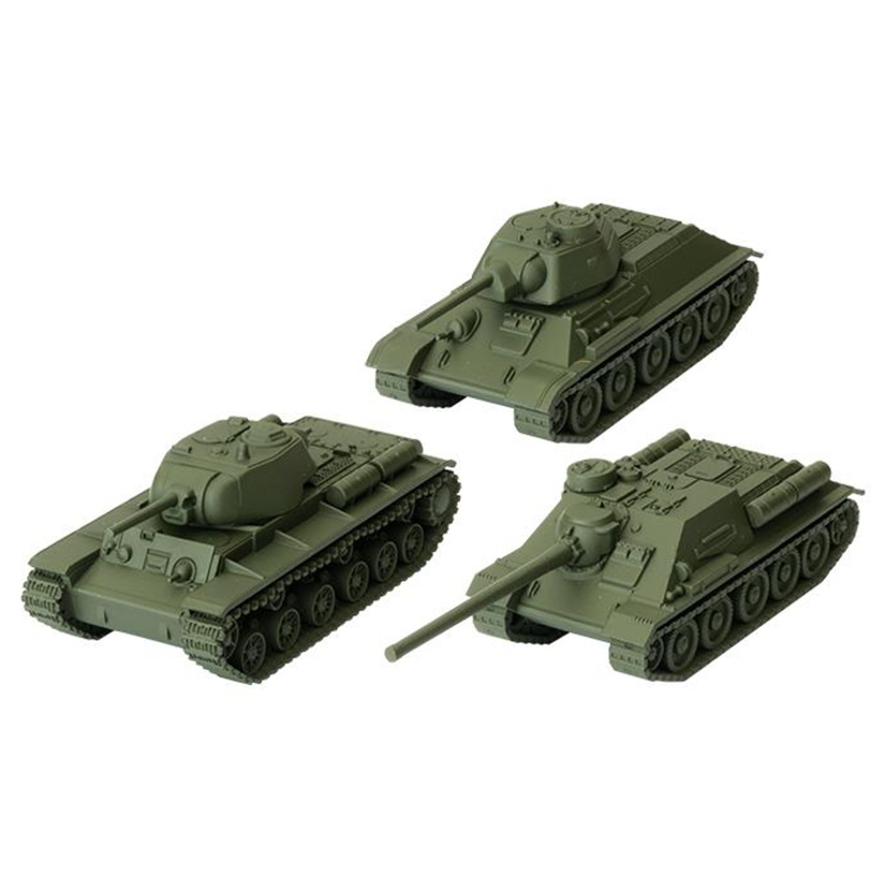 Three green Soviet tank and tank destroyer models displayed on a white background.