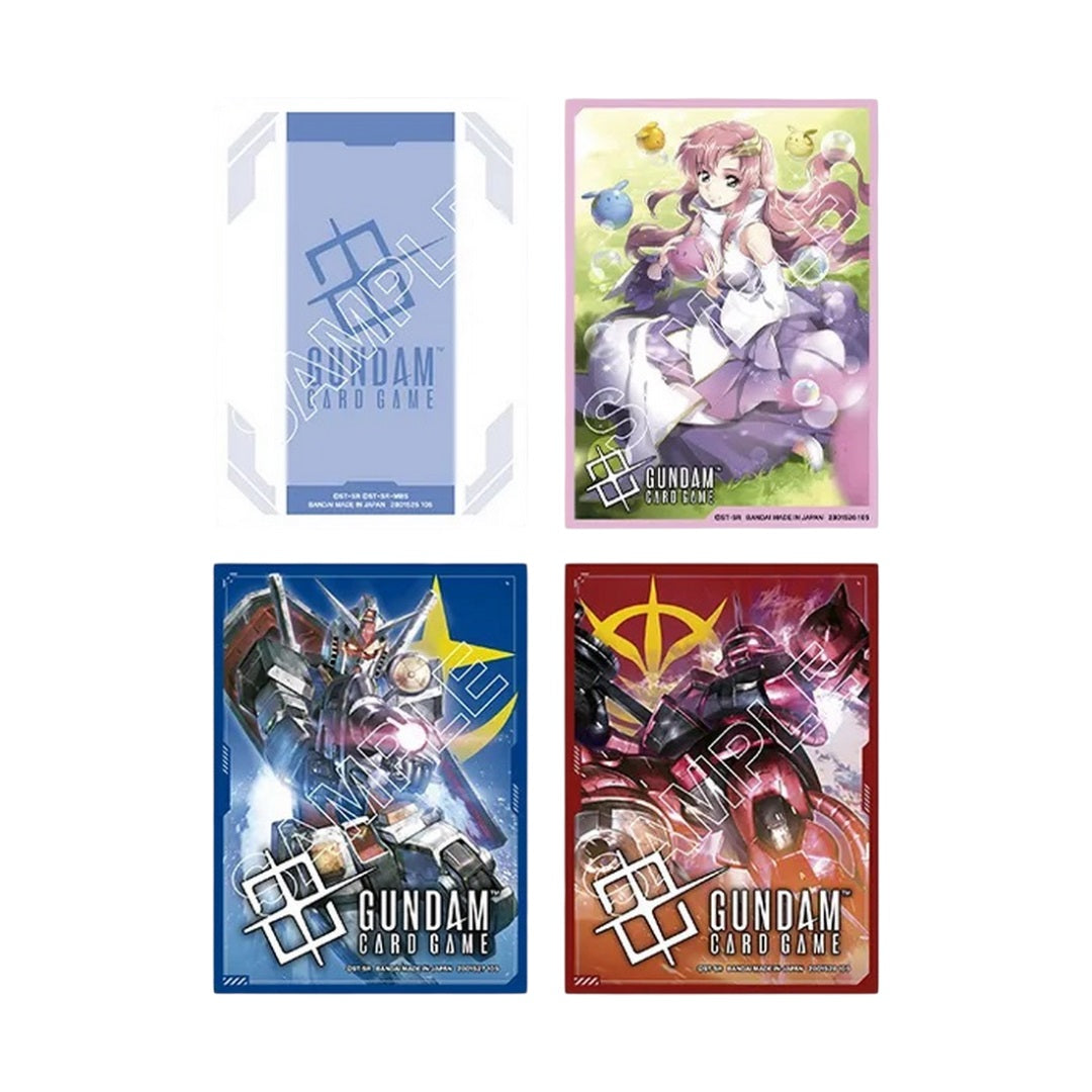 Set of four Gundam Card Game sleeves featuring Mobile Suits (blue Gundam, red Zaku), anime art, and abstract logo