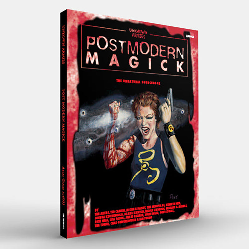 Postmodern Magick book cover: Angry woman with bloody arm, pistol, and floating eyeballs
