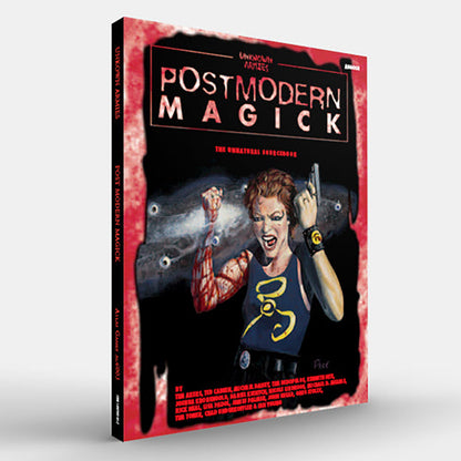 Postmodern Magick book cover: Angry woman with bloody arm, pistol, and floating eyeballs