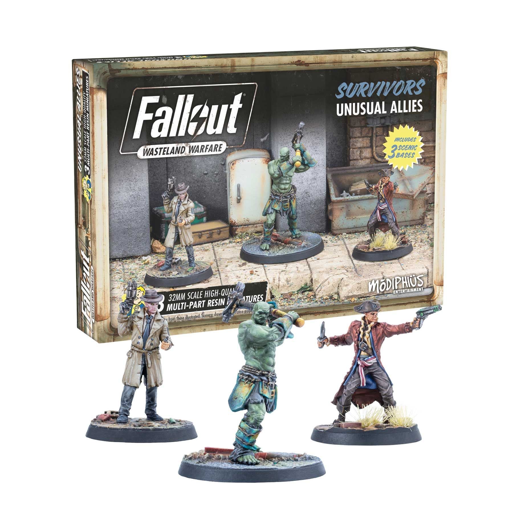 Unusual Allies box with three detailed miniatures: a man with a pistol, a Super Mutant with a hammer, and a pirate with a pistol and knife