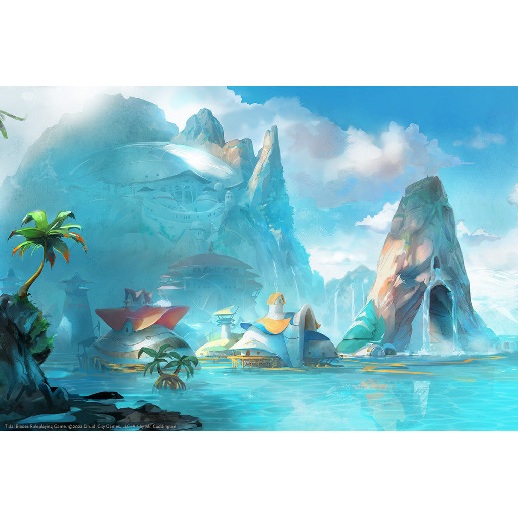 Artwork for Tidal Blades The Roleplaying Game showing a futuristic coastal city built on islands with large curved buildings and palm trees