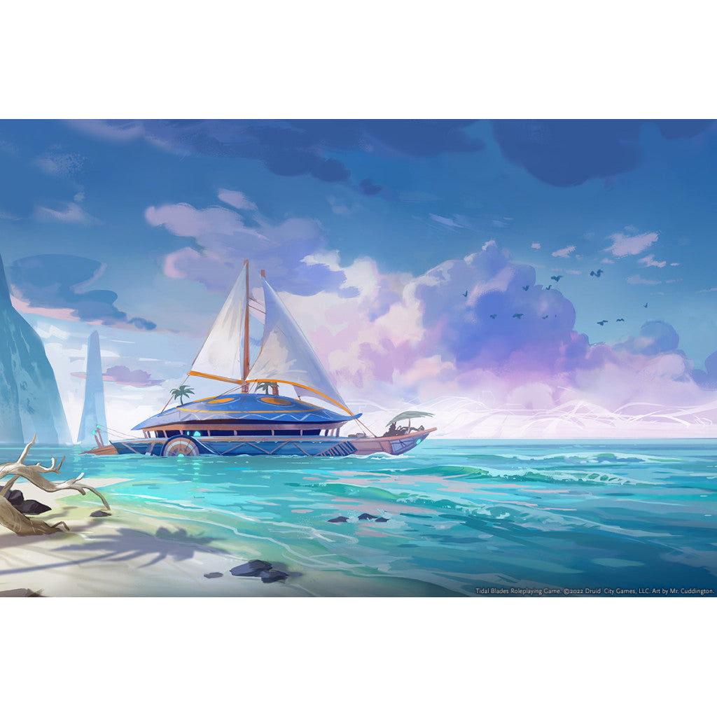 Luxurious sailing vessel on a tropical beach depicting the fantastical world of Tidal Blades Roleplaying Game