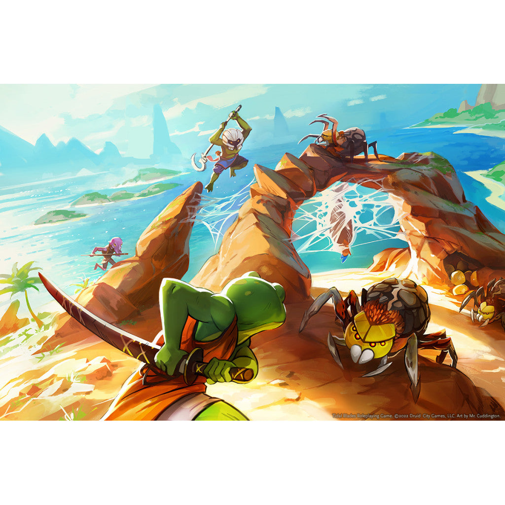 Tidal Blades Roleplaying Game art shows a frog hero with a sword fighting spiders, other characters battling on rocks over water
