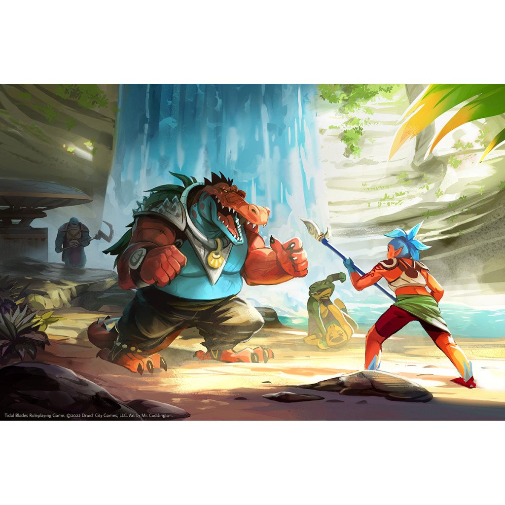 Dynamic fantasy art for Tidal Blades Roleplaying Game showing a warrior facing a large croc-like creature near a waterfall