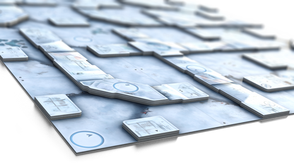 Angled view of a modular, ice-themed board game map with white tiles forming paths and marked areas on a frozen surface
