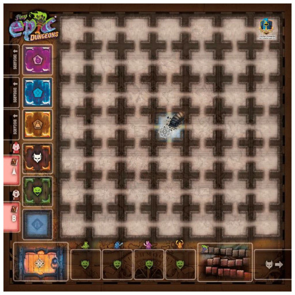 Tiny Epic Dungeons board game setup, showing the square dungeon map grid and component trays