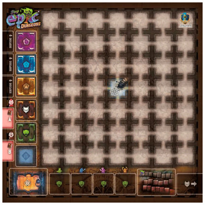 Tiny Epic Dungeons board game setup, showing the square dungeon map grid and component trays