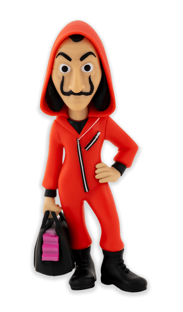 Minix Money Heist Tokyo with mask collectible figure wearing a red jumpsuit black boots and holding a black bag with pink money stacks