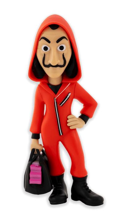 Minix Money Heist Tokyo with mask collectible figure wearing a red jumpsuit black boots and holding a black bag with pink money stacks