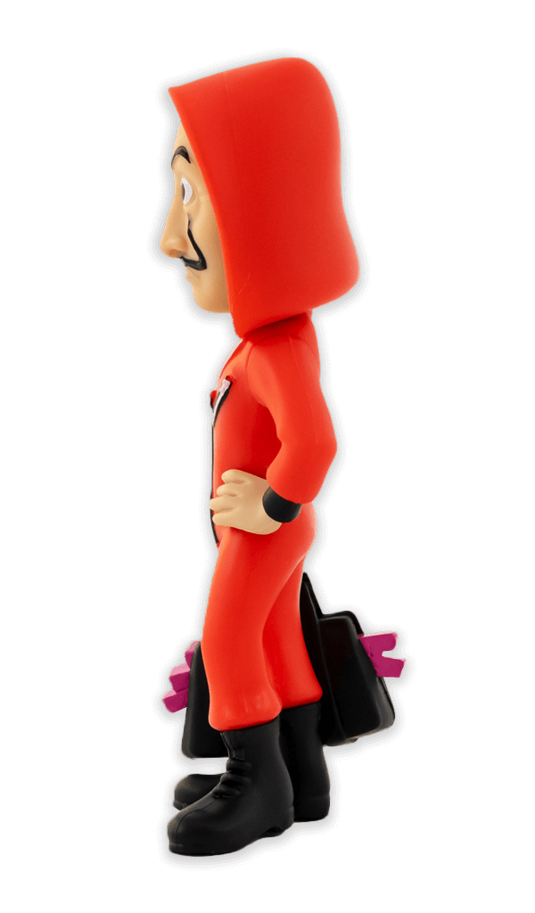 Side view of Minix Money Heist Tokyo with mask collectible figure wearing a red jumpsuit black boots and holding a black bag with pink money stacks