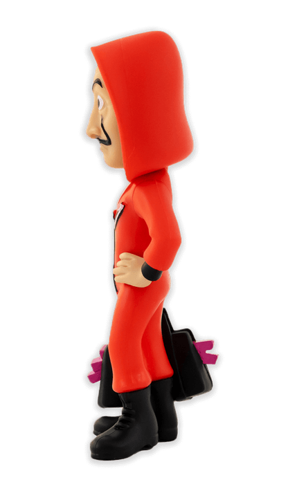 Side view of Minix Money Heist Tokyo with mask collectible figure wearing a red jumpsuit black boots and holding a black bag with pink money stacks