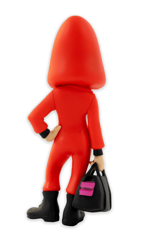 Back view of Minix Money Heist Tokyo with mask collectible figure wearing a red jumpsuit black boots and holding a black bag with pink money stacks