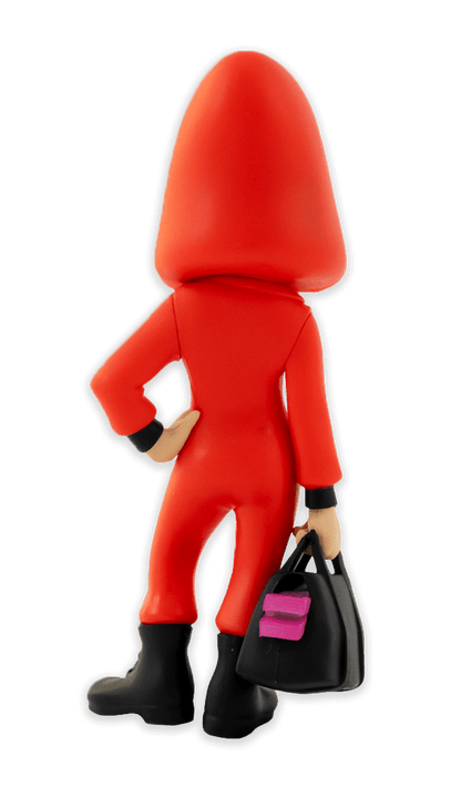 Back view of Minix Money Heist Tokyo with mask collectible figure wearing a red jumpsuit black boots and holding a black bag with pink money stacks