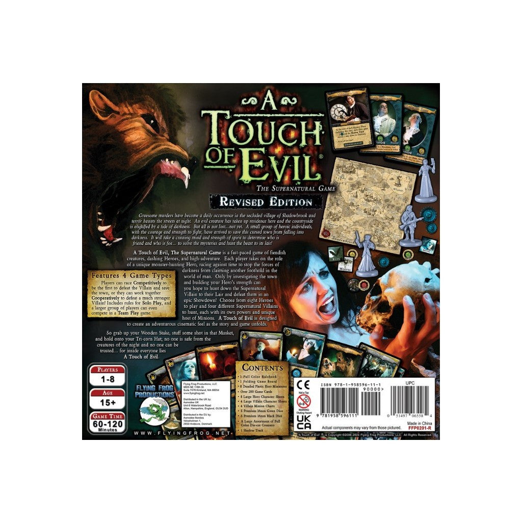 Back of &quot;A Touch of Evil&quot; board game box featuring a snarling wolf, a screaming woman holding a skull, and game details