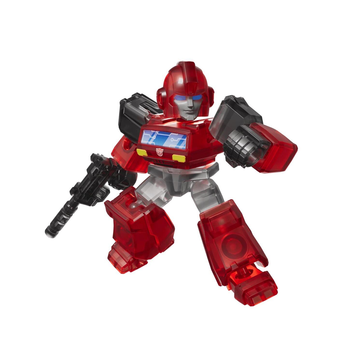 Translucent red robot figure holding a black rifle in a dynamic pose