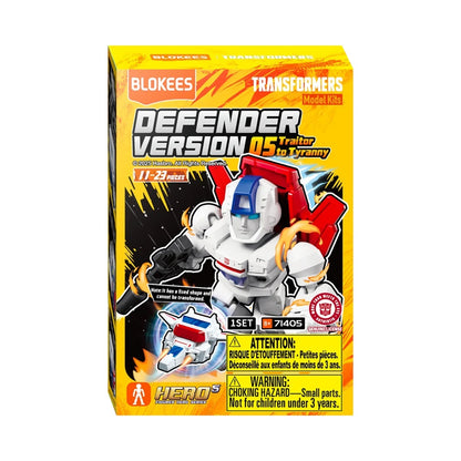 Blokees Transformers Defender Version 05 model kit box featuring the white, blocky robot firing a blaster