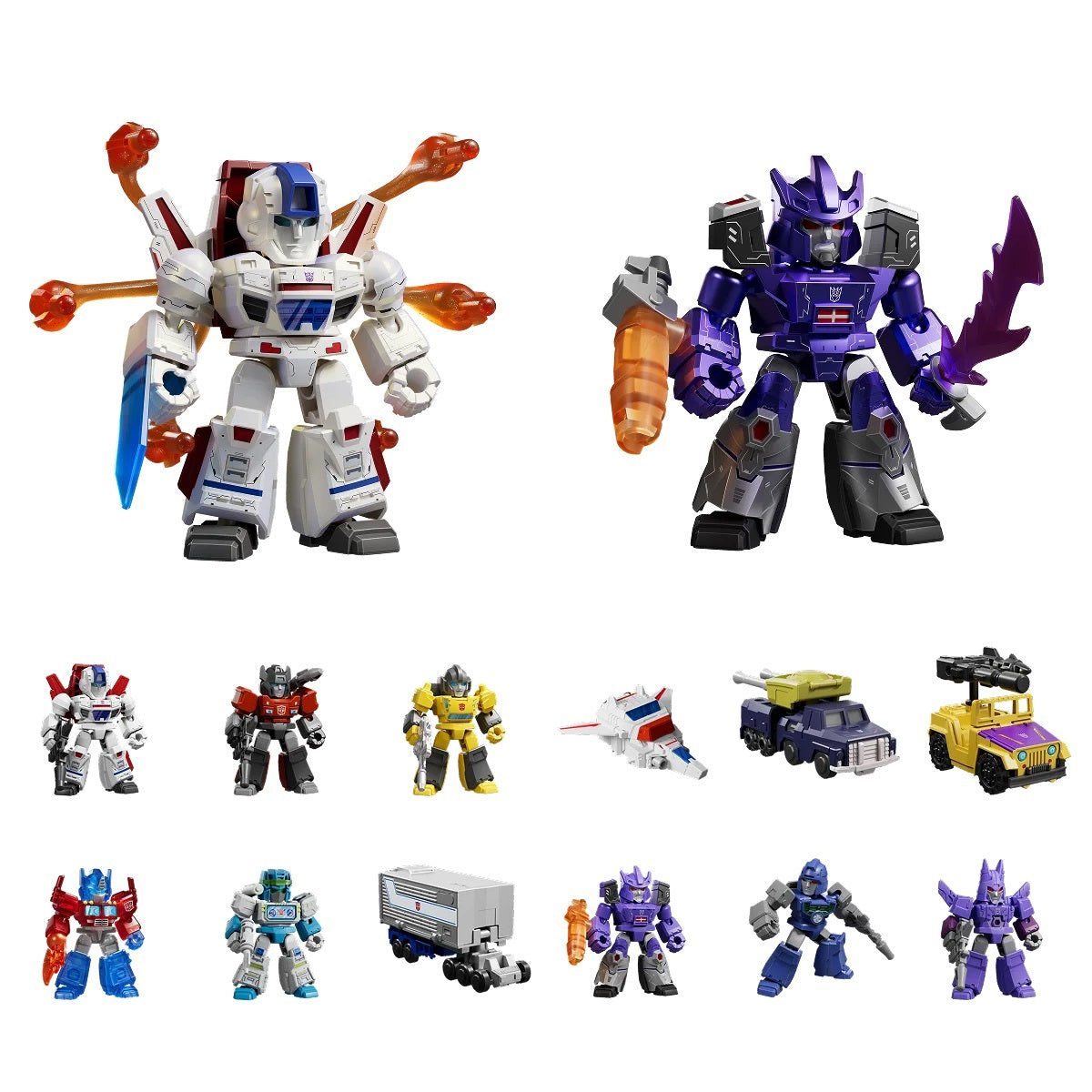 Twelve small, stylized Transformers action figures, including robot modes (Jetfire, Galvatron) and vehicle modes
