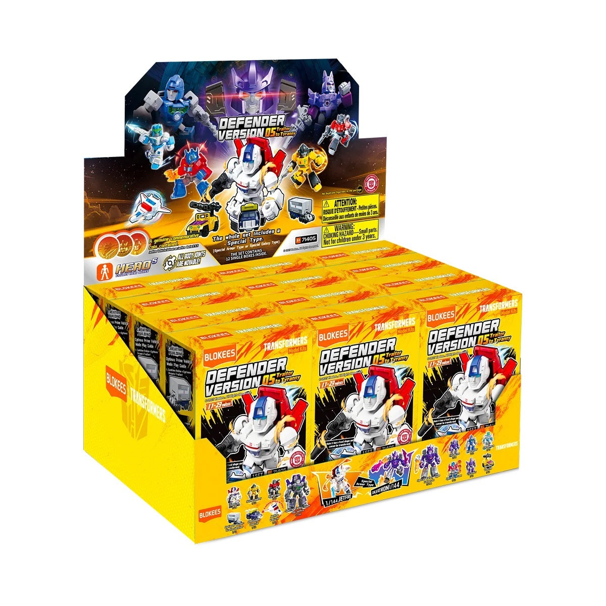 A yellow retail display box filled with Blokees Transformers Defender Version 05 model kits