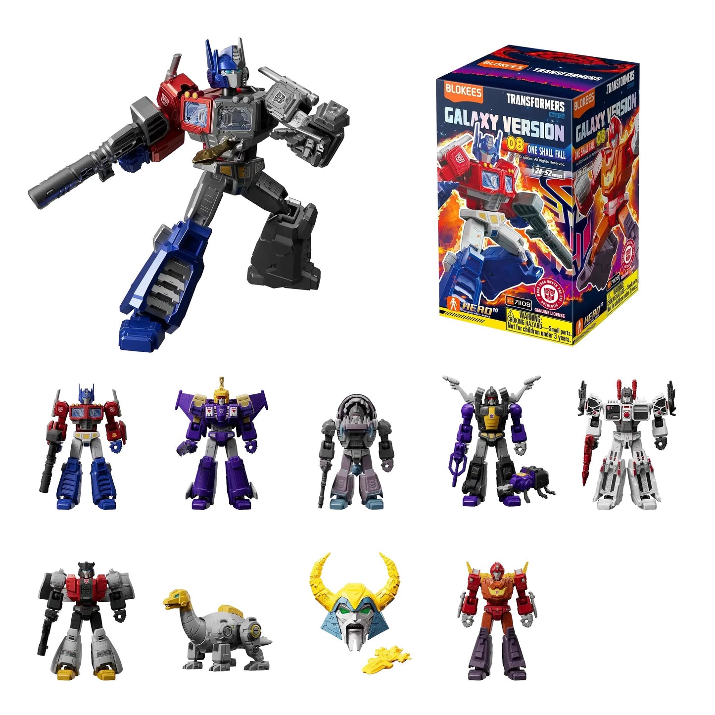 Transformers action figure set featuring a large dark Optimus Prime, product box and 8 other characters/accessories