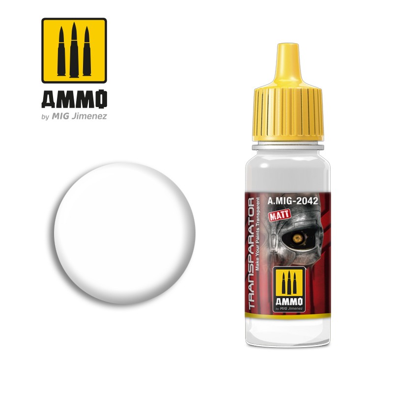AMMO Transparator A.MIG-2042 Matt medium bottle with yellow cap next to a white paint swatch.