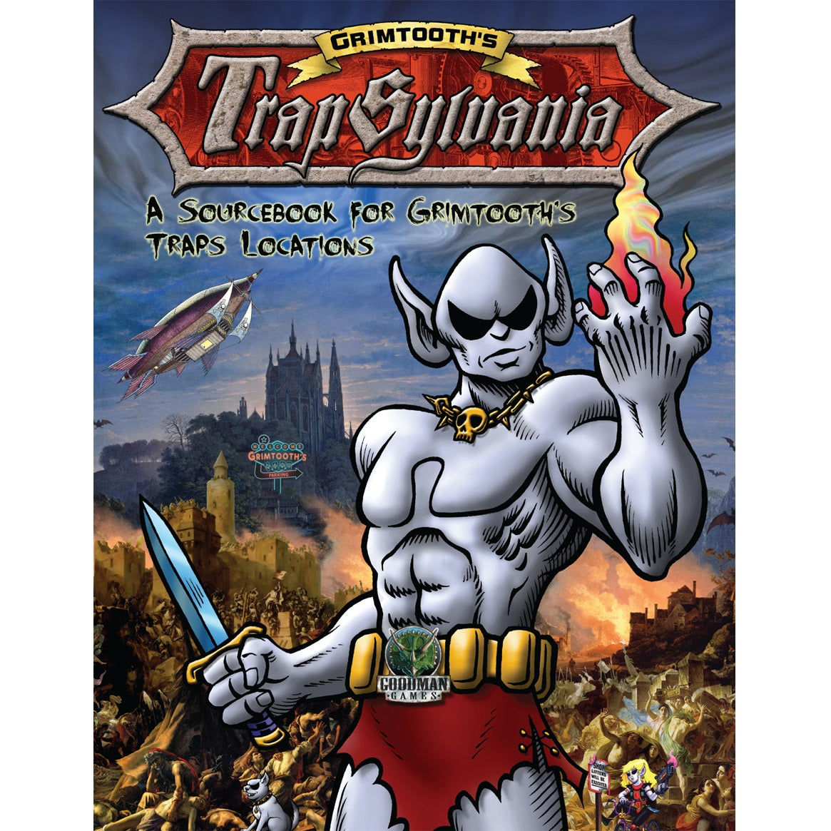 Grimtooth's Trapsylvania Book cover shows a pale muscular creature with dark glasses holding fire and a dagger, standing over a chaotic battle scene with a castle and airship