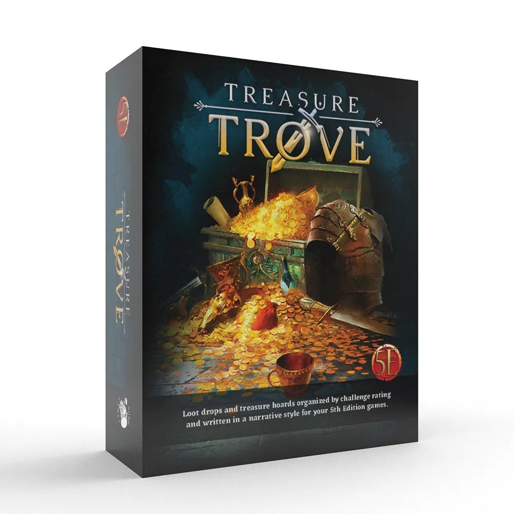 Treasure Trove 5E box shows an open treasure chest overflowing with gold coins, armor, and loot