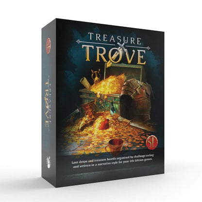 Treasure Trove 5E box shows an open treasure chest overflowing with gold coins, armor, and loot
