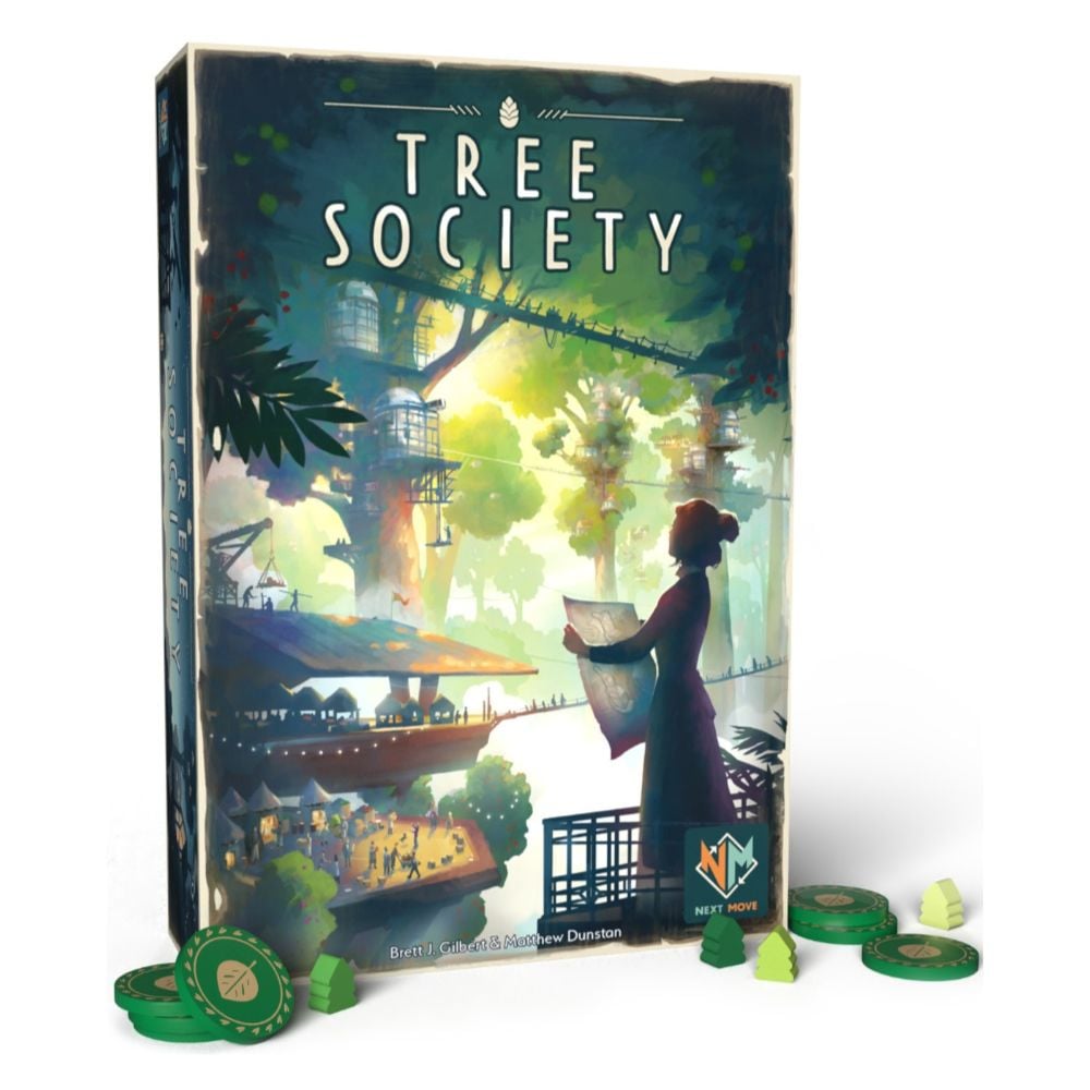 Game components arranged on table including cards and tokens