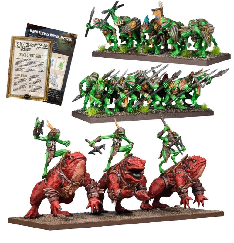 Kings of War Trident Realm miniatures set: green frog-like warriors, red toad mounts with riders, and a rulebook