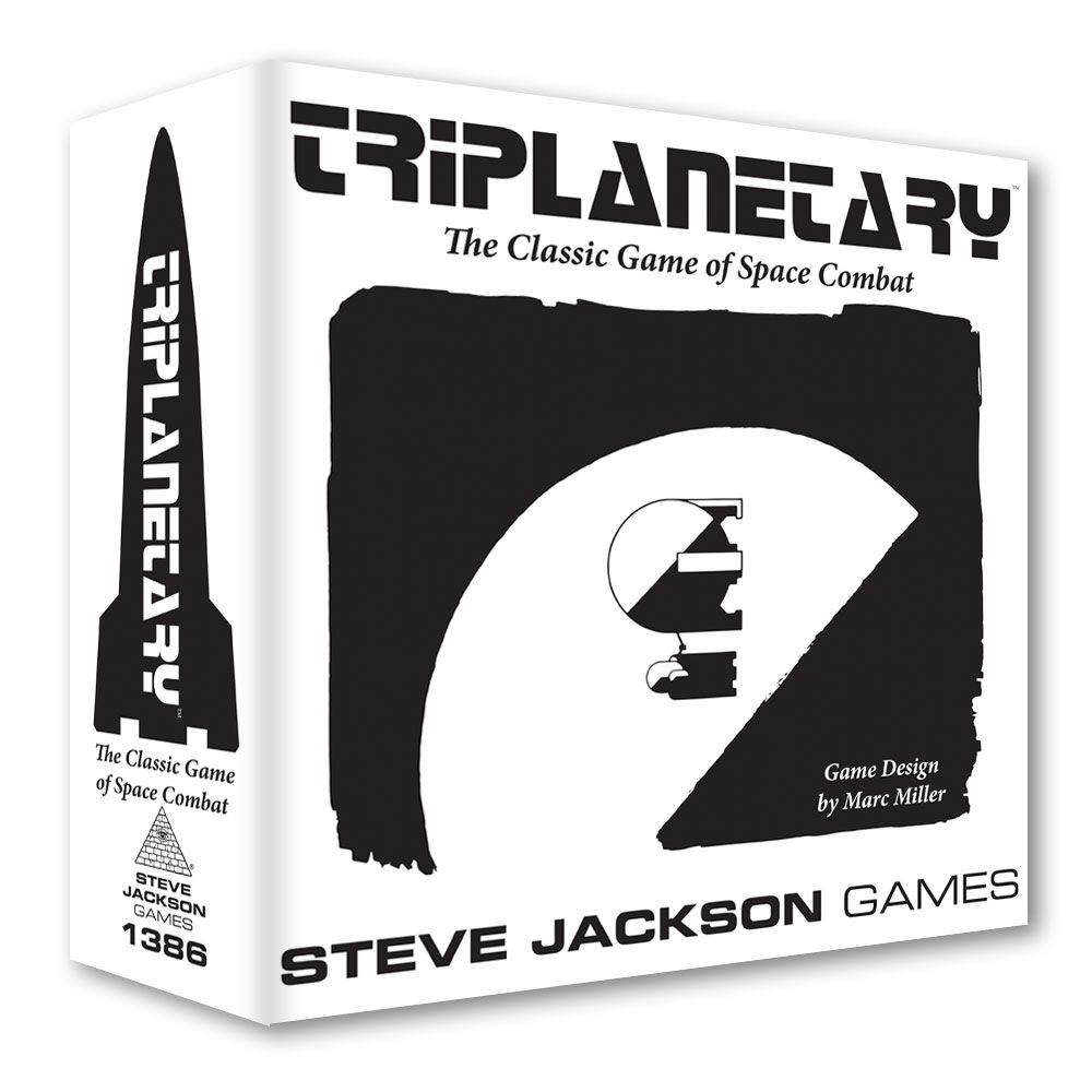 A white game box for &quot;Triplanetary: The Classic Game of Space Combat.&quot; Features black &amp; white art with a rocket and stylized emblem.