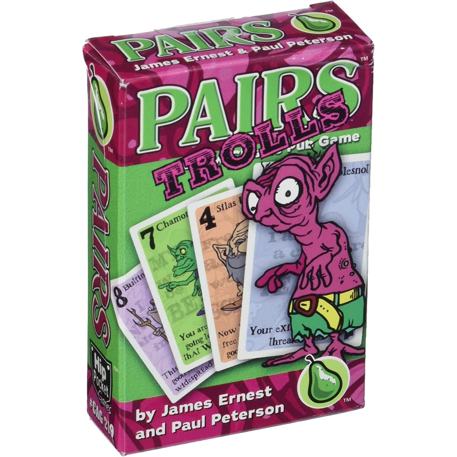 Front of a pink and green "Pairs Trolls" card game box, featuring a pink troll and several game cards