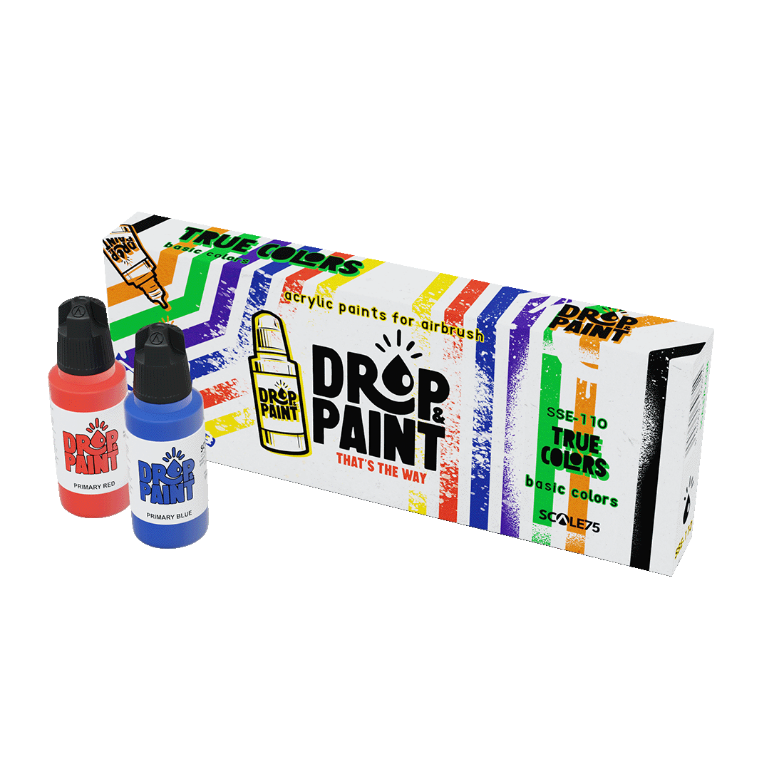 Two red and blue Drop & Paint bottles stand by a white box of True Colors basic acrylic airbrush paints