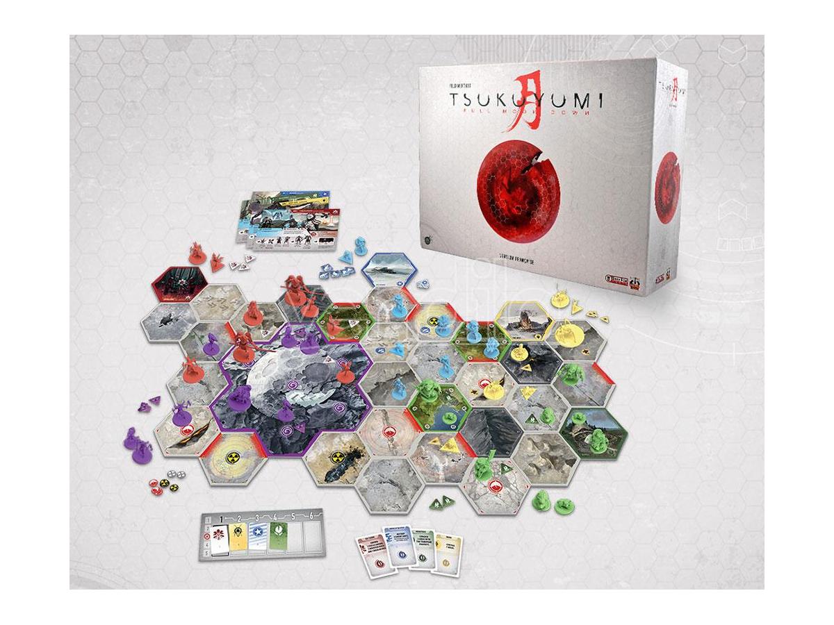 Kickstarter edition components of Tsukuyumi: Full Moon Down Base Game, laid out with game board and faction pieces