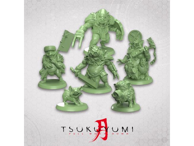 Faction cards and tokens from Tsukuyumi: Full Moon Down Base Game arranged on a table