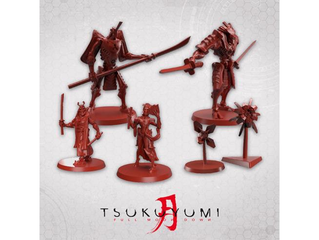 Full game layout of Tsukuyumi: Full Moon Down Base Game , including board, cards, and standees